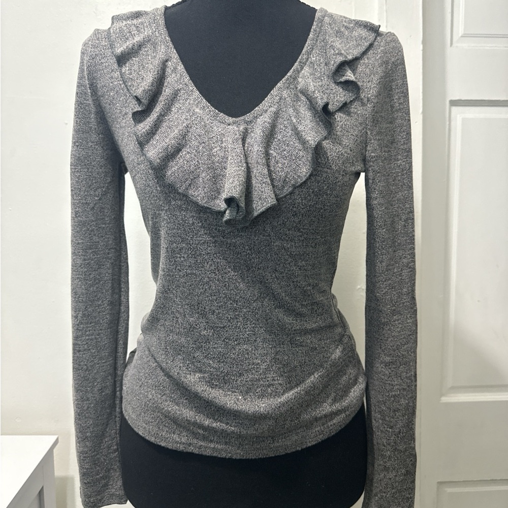 Gray Ruffled Long Sleeve Top